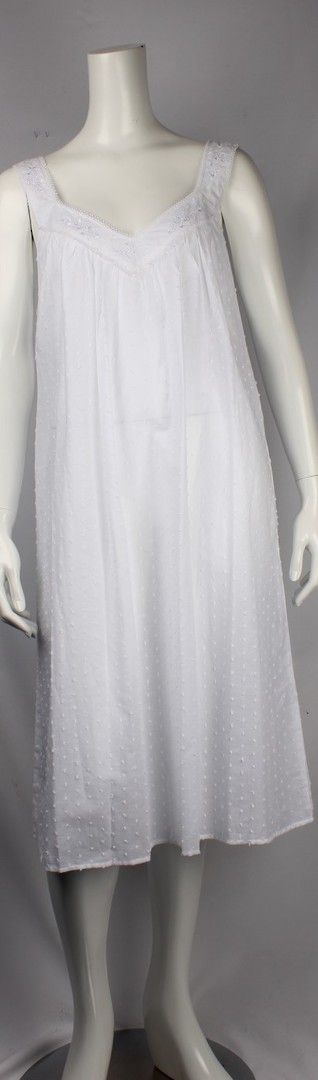 Cotton Swiss dot  sleeveless V neck nightie, embroidered  w lace trim neck   Style: AL/ND-240WHT image 0